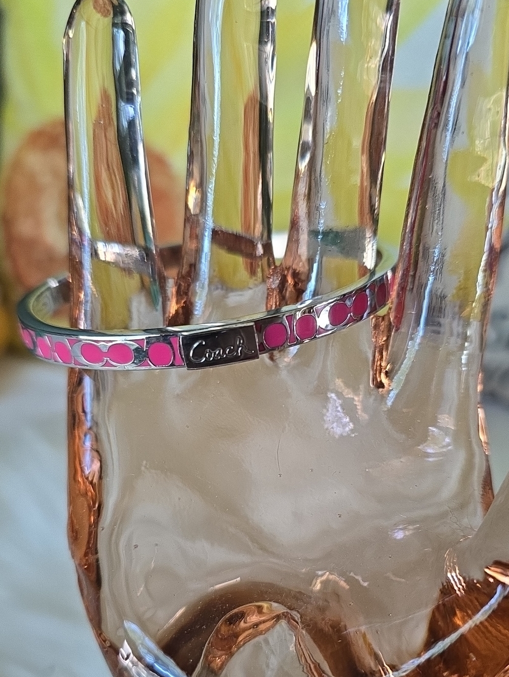 Coach Silver-Tone Bracelet with Pink Enamel Accents EUC